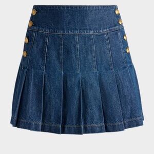 Alice + Olivia Lanna Dark Blue Denim Pleated Skirt with Gold Buttons